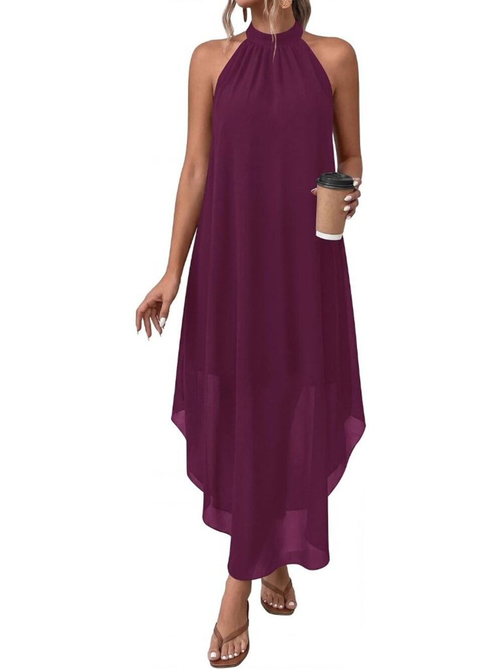 Women's Burgundy Summer Long Flowy Wedding Guest Halter Pockets Maxi Dresses